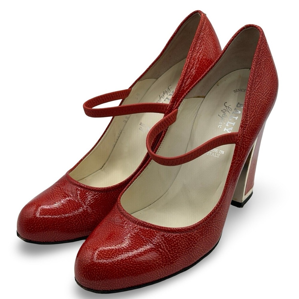 Vintage Bally Red Patent Leather Mary Jane Block Heel Pumps Made in Italy EU 38